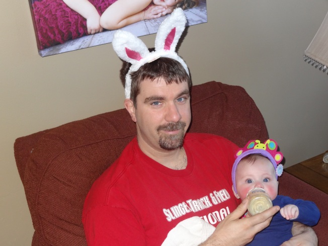 Awesome dad exhibit 2: He wore these bunny ears while feeding the baby.